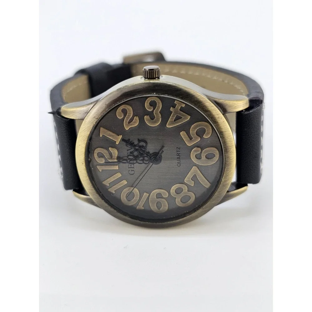Men Analog Watch 38MM Bronze Dial New Faux Black Leather Bands New Battery READ